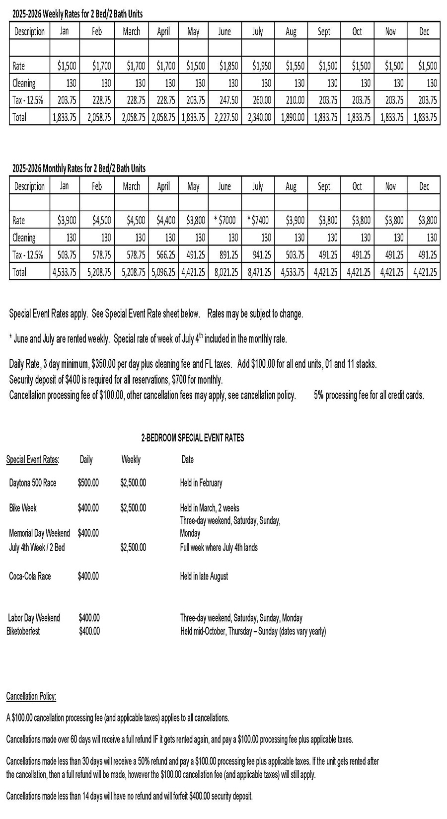 Weekly Rates for 2 Bed/2 Bath Units